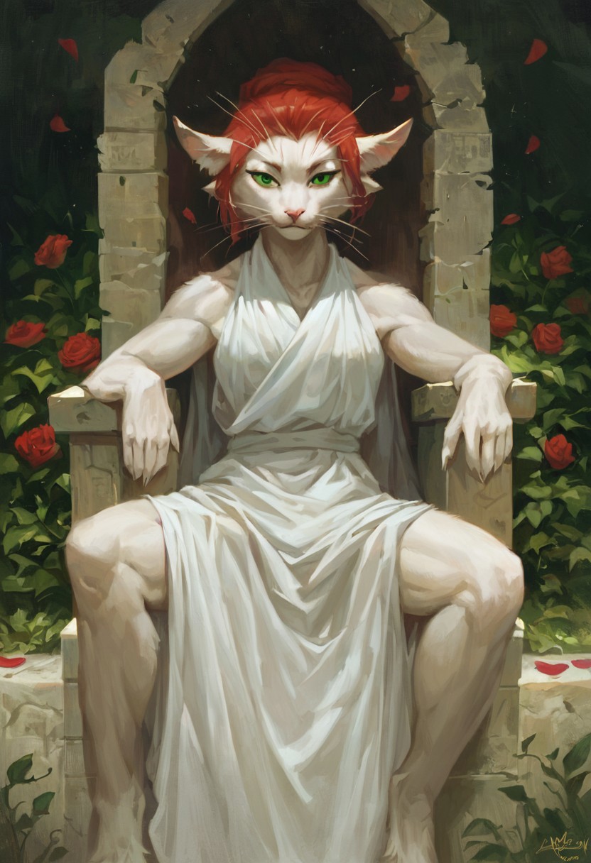 score_9, score_8_up, score_7_up, score_6_up, closeup, oil painting, bouguereau, deep colours, academic classicism, academic realism, chiaroscuro, detailed background, greek palace, steamy, throne
female body, feline anthro, red hair, whiskers, cat tail, green eyes, white fur, sitting, (furry body:1.5), legs apart, reclining, dominant pose, (gravitas:1.5), roses, rose petals, ancient dress,