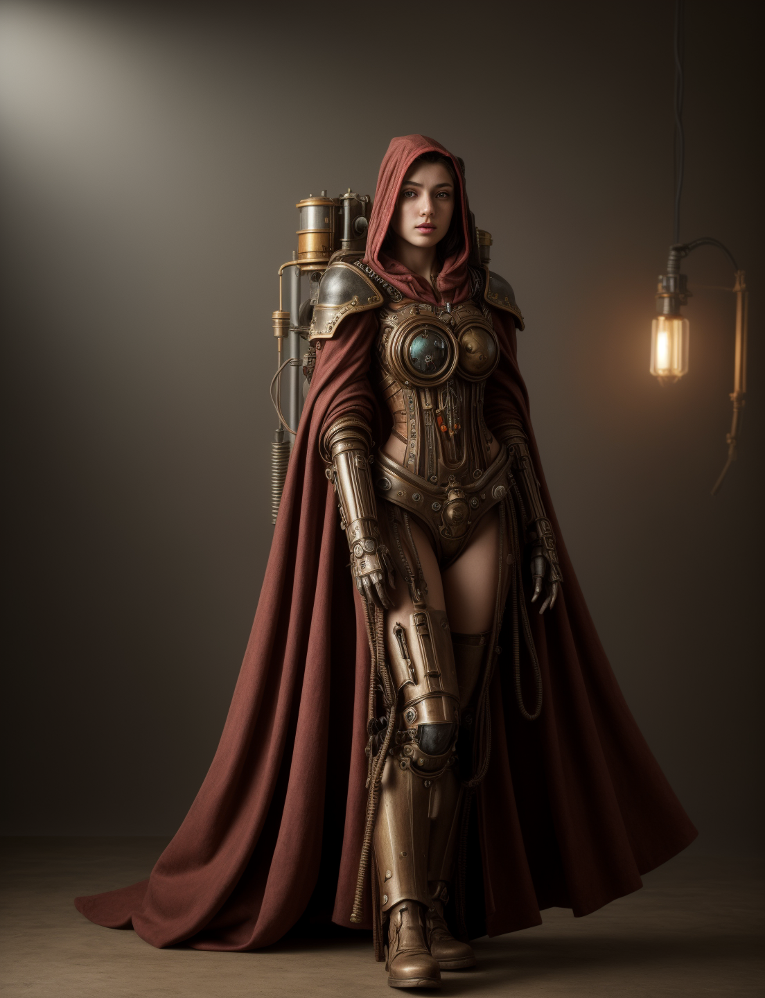 Ultra-realistic 8k CG, masterpiece, best quality, (very detailed face),masterpiece, best quality, 1girl, 20 years old, woman, colorful, (full body, wide shot),  <lora:more_details:0.8>  <lora:techpriest:0.8> mechanical arms, steampunk, hood, robe, techpriest, forgeworld, adeptus mechanicus,