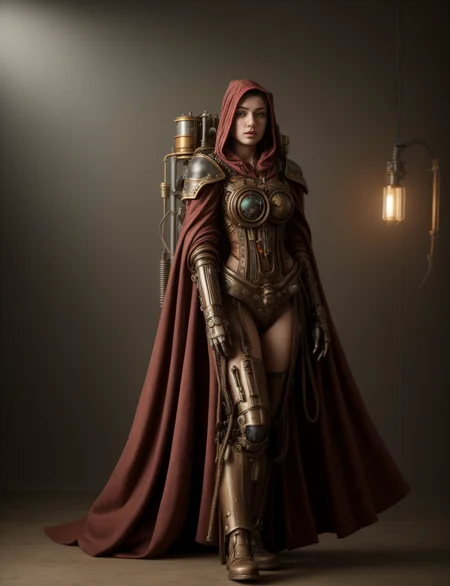 Ultra-realistic 8k CG, masterpiece, best quality, (very detailed face),masterpiece, best quality, 1girl, 20 years old, woman, colorful, (full body, wide shot), <lora:more_details:0.8> <lora:techpriest:0.8> mechanical arms, steampunk, hood, robe, techpriest, forgeworld, adeptus mechanicus,