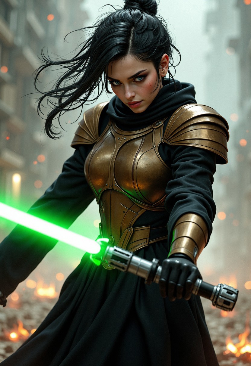 Illustration combining oil-canvas and semi-realistic comic-book style image with a Star Wars theme, star wars style, mythp0rt, Pale skin tone, dynamic, woman. The main subject of the image is a beautiful French woman in her 30s. She is a goth girl with very pale skin, with messy black hair, blue eyes, high cheekbones, and full rosy lips. She has one beauty mark mole beside her mouth. She has smokey eyeshadow. She is wearing a sci-fi bronze raiment of armor including a breastplate. She is wearing long black robes, leather boots, bracers, belt, featuring a long skirt. She is attacking with a green lightsaber in a glamorous pose, stretching in such a way that it demonstrates sensual physicality, at unique angles. She is standing on a dramatic battlefield, occluded with smoke and dust. Sharp Focus, Volumetric Lighting, Realistic Shading, Octane Render, Realistic, professional, 4k, highly detailed,, portrait photography, capturing emotion, personality, flattering lighting, professional, engaging, compelling composition.