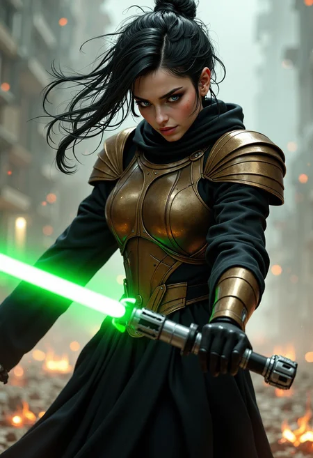Illustration combining oil-canvas and semi-realistic comic-book style image with a Star Wars theme, star wars style, mythp0rt, Pale skin tone, dynamic, woman. The main subject of the image is a beautiful French woman in her 30s. She is a goth girl with very pale skin, with messy black hair, blue eyes, high cheekbones, and full rosy lips. She has one beauty mark mole beside her mouth. She has smokey eyeshadow. She is wearing a sci-fi bronze raiment of armor including a breastplate. She is wearing long black robes, leather boots, bracers, belt, featuring a long skirt. She is attacking with a green lightsaber in a glamorous pose, stretching in such a way that it demonstrates sensual physicality, at unique angles. She is standing on a dramatic battlefield, occluded with smoke and dust. Sharp Focus, Volumetric Lighting, Realistic Shading, Octane Render, Realistic, professional, 4k, highly detailed,, portrait photography, capturing emotion, personality, flattering lighting, professional, engaging, compelling composition.