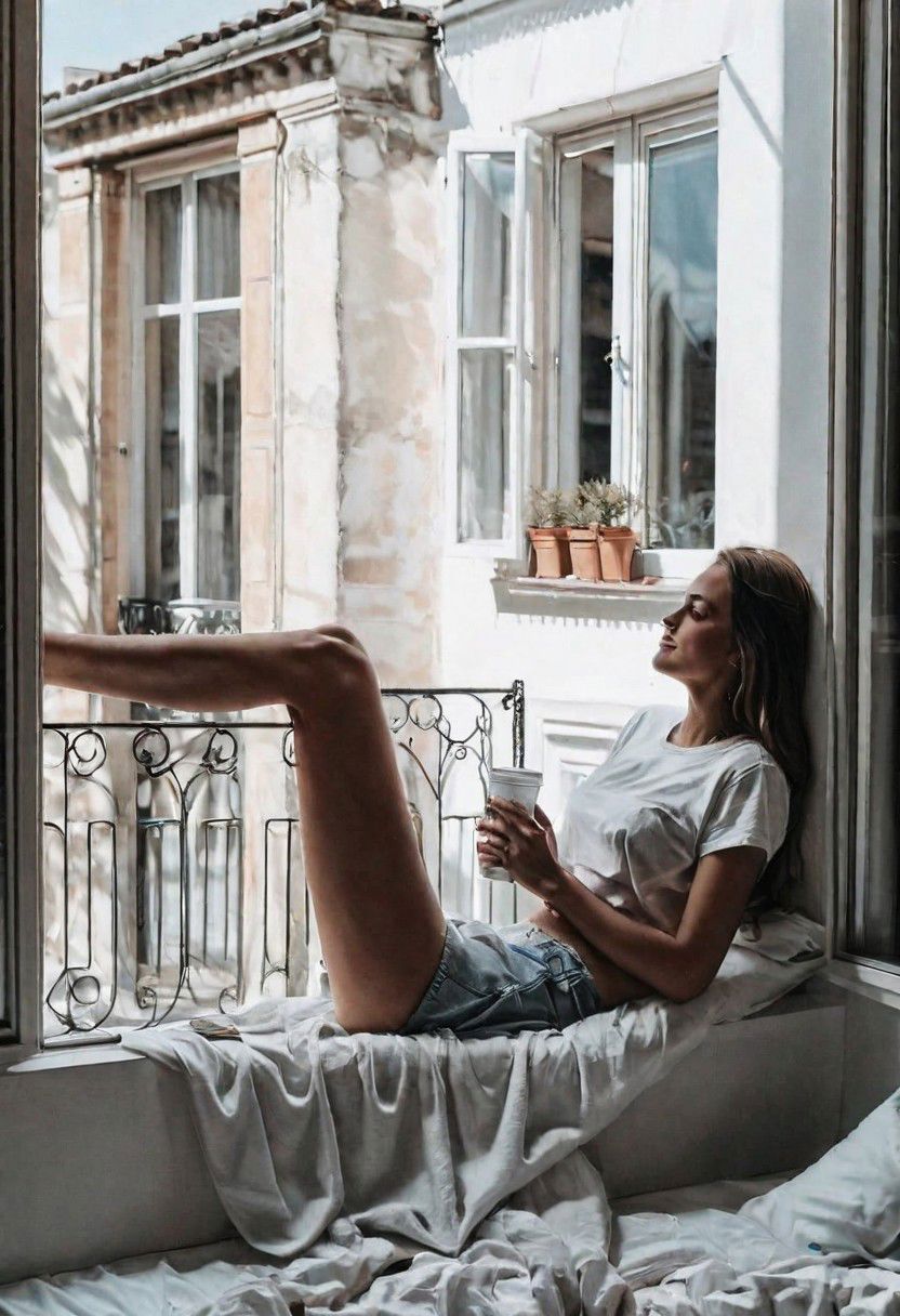 Ultra Realistic, girl, lying next to the window, legs up, chilling