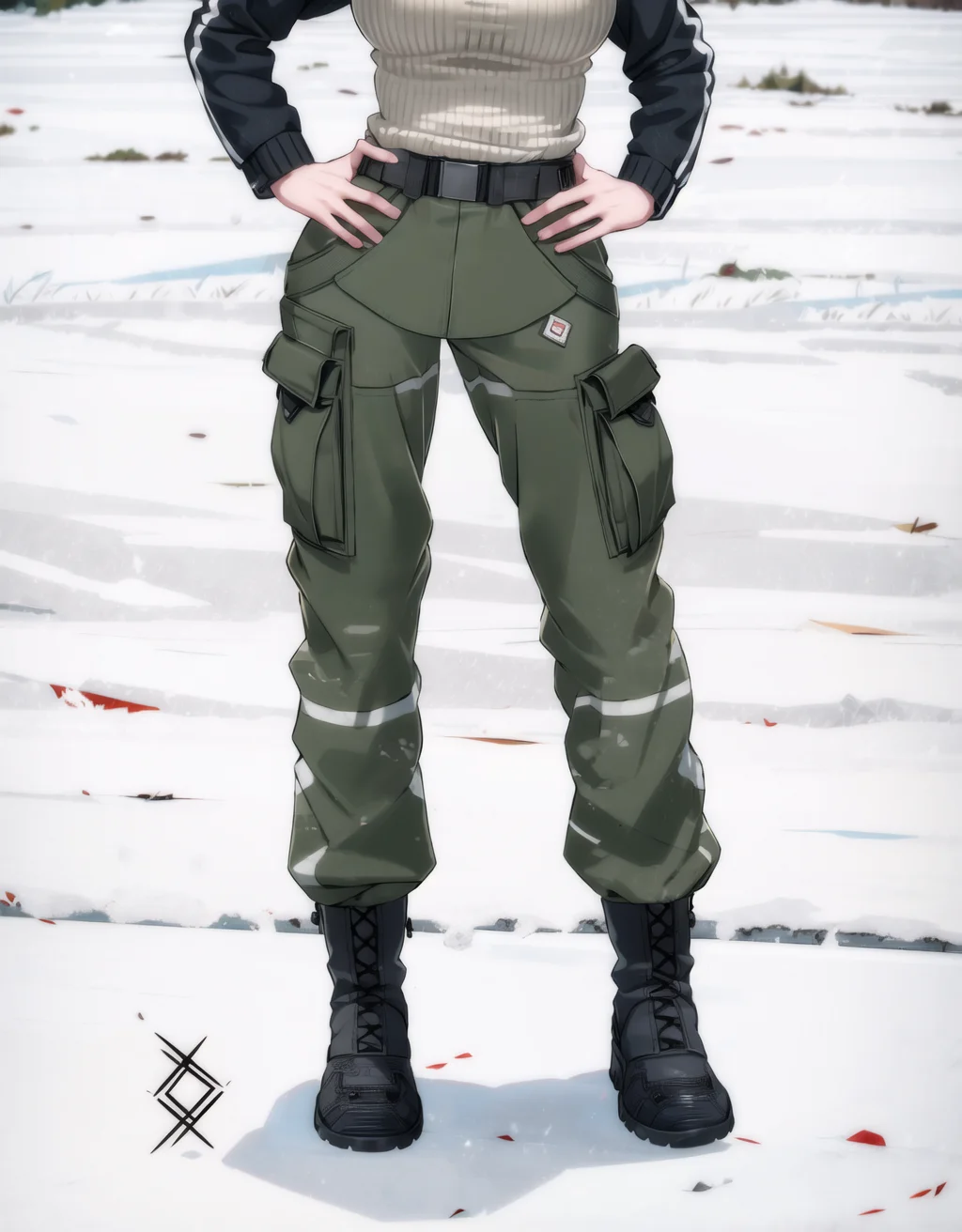 wargirls, 1girl, turtleneck, sweater, breasts, dynamic pose, trousers, military, masterpiece, best quality, very detailed, <lora:wargirls:1>, to8highkey style, <lora:to8sHighKeyLORASD15SD2_sd15:1>