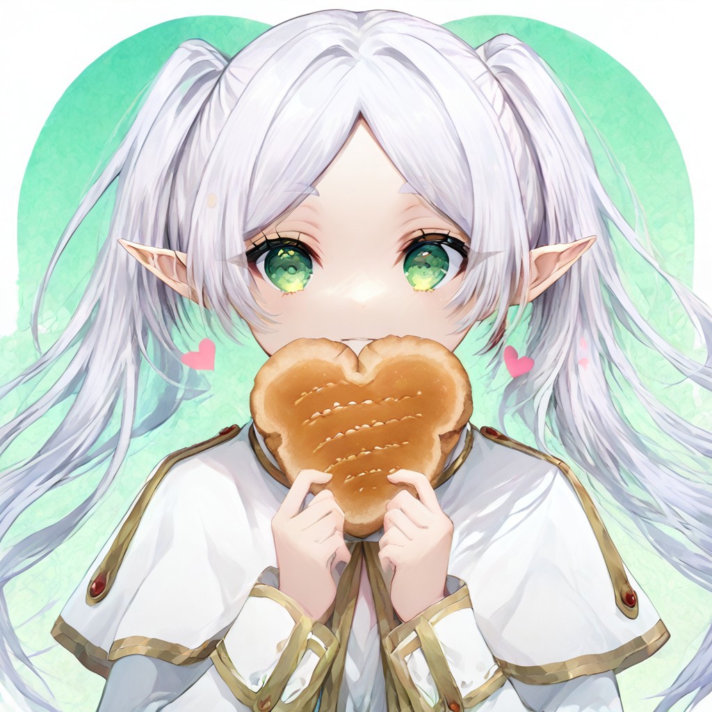 score_9, score_8_up, score_8, score_7_up, 
1girl, solo,
nereirfpnxl, frieren, pointy ears, twintails, green eyes, elf, long hair, white capelet, white hair, white dress, long sleeves, bangs, parted lips, parted bangs,
polka dots background, smile, eating, bread, loaf, eating, close shot, cute girl, looking at viewer, (cowboy shot:1.1),
cute, kawaii, hearts,