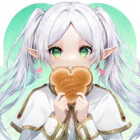 score_9, score_8_up, score_8, score_7_up, 
1girl, solo,
nereirfpnxl, frieren, pointy ears, twintails, green eyes, elf, long hair, white capelet, white hair, white dress, long sleeves, bangs, parted lips, parted bangs,
polka dots background, smile, eating, bread, loaf, eating, close shot, cute girl, looking at viewer, (cowboy shot:1.1),
cute, kawaii, hearts,