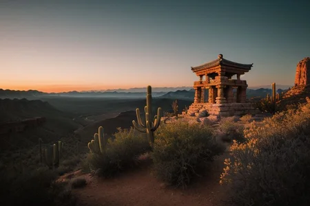 (tall ancient stone towers; 1.39) (temple complex emerging from canyon) raw photo, a sunset landscape, Arizona desert, Saguaro Cactus, Tall Mesa, cozy, photorealistic, high detailed texture, 8k uhd, dslr, soft lighting, high quality, film grain, Fujifilm XT3, Sony A7 IV, highly detailed photography, (muted colors, cinematic, dim colors, soothing tones:1.2), vibrant, insanely detailed, hyperdetailed, (dark shot:1.2), (vsco:0.3), (intricate details:0.9), (hdr, hyperdetailed:1.2) (highest coherency: 1.39) (highest quality: 1.39) (rule of Thirds) (award winning) (breathtaking) (masterclass) (vibrant color: 0.79) (distant hillside) (cinematic lighting, David Park, lights,)