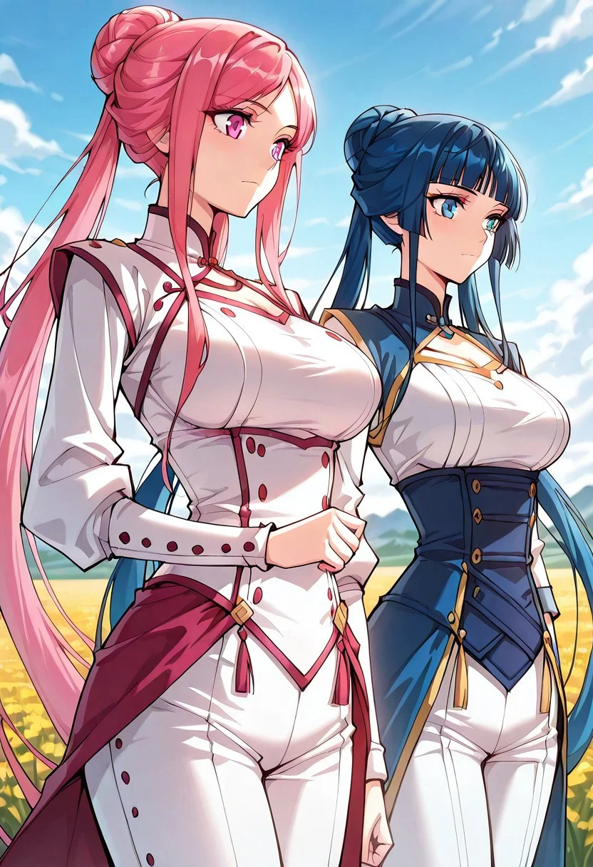 masterpiece, best quality, amazing quality, 
2girls,
<lora:Nalan_Yanran:1>
, pink hair, pink eyes, very long hair, twintails, bangs, blunt bangs, ponytail, big breasts,
<lora:Qin_Ruxue:1>, blue hair, blue eyes, bangs, single hair bun,
score_9, score_8_up, score_7_up, very aesthetic, source_anime, detailed, high quality, beautiful, masterpiece, detailed eyes, field, blurry background, pose dynamic angle,  cowboy shot,