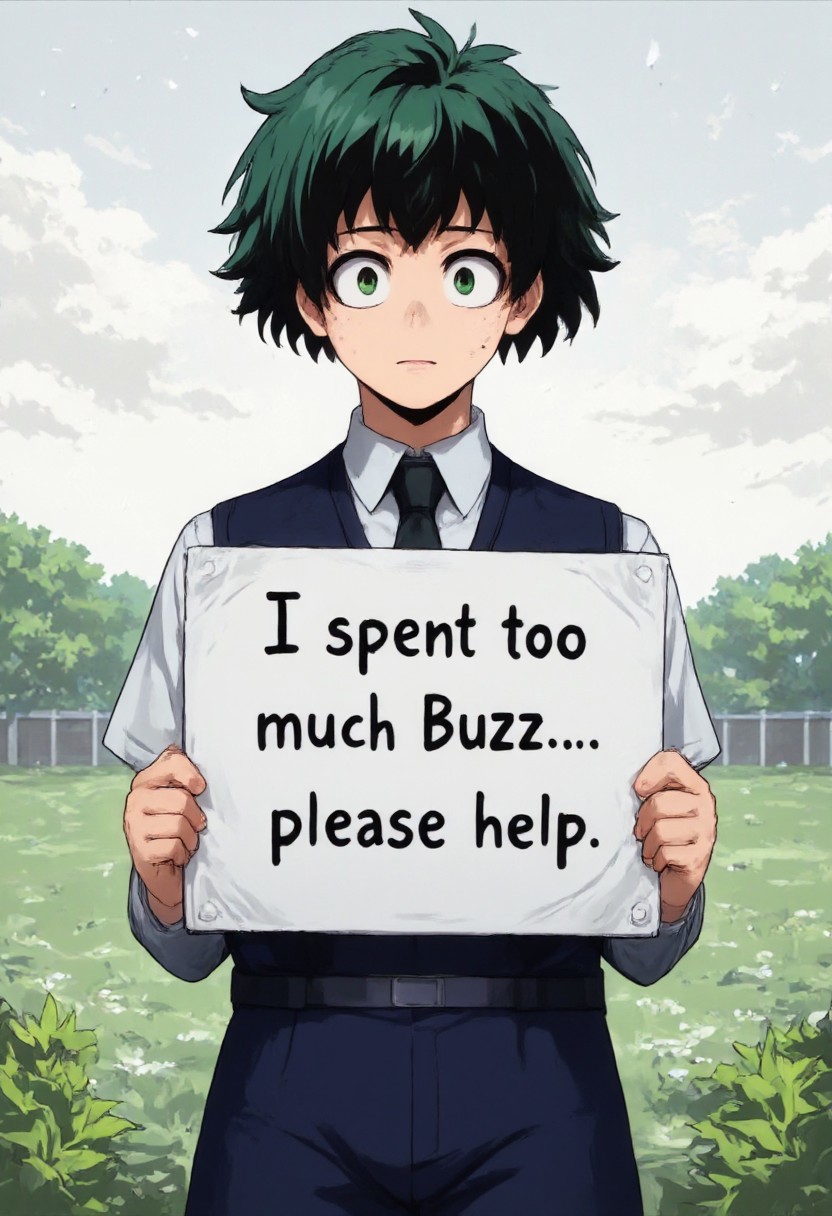 anime, 2d, 1boy, solo, skinny, ((school uniform)), izuku_midoriya, freckles, green hair, green eyes, standing, wet, soaked, crying, raining, storm,  (((flower field background)), ((holding a white sign with black text that reads "I spent too much Buzz... please help. " on it))