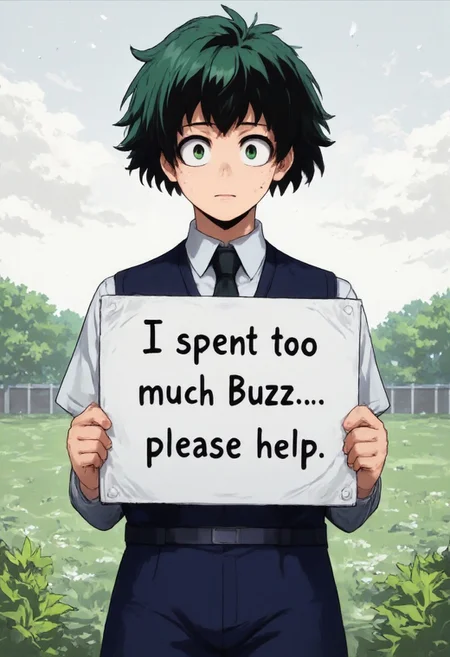anime, 2d, 1boy, solo, skinny, ((school uniform)), izuku_midoriya, freckles, green hair, green eyes, standing, wet, soaked, crying, raining, storm, (((flower field background)), ((holding a white sign with black text that reads "I spent too much Buzz... please help. " on it))