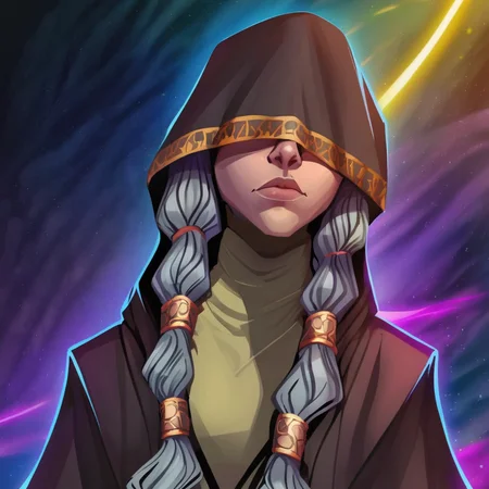 1girl, kreia,hood covering eyes, gray braided hair, robes, upper body portrait <lora:kotorsdxl_lora:1>, (best quality, masterpiece, perfect face, beautiful and aesthetic:1.2, colorful, dynamic angle, highest detailed face) (high contrast, official art, extreme detailed, highest detailed)