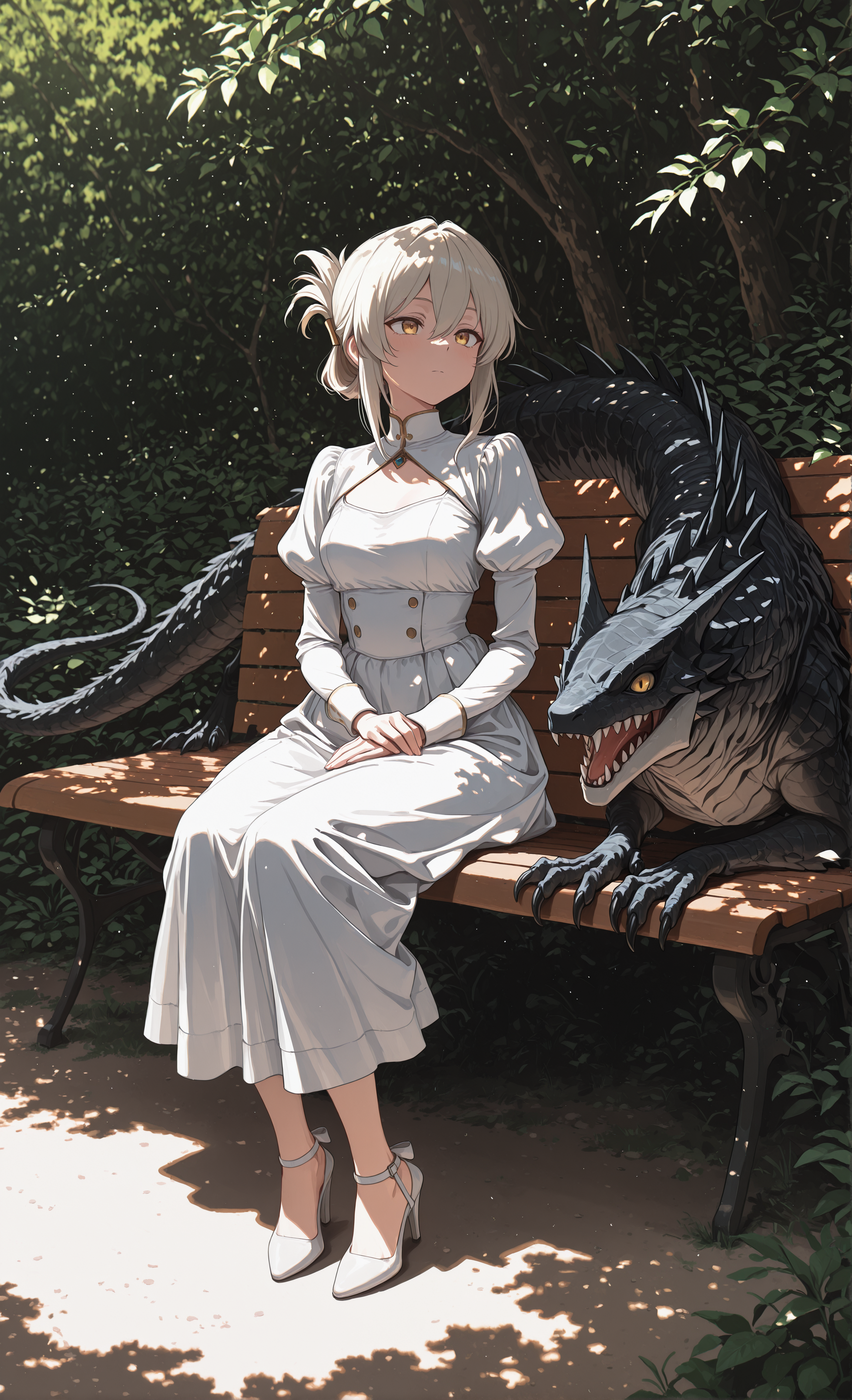 masterpiece, sharp detail, intricate detail, 1girl, folded ponytail, hair between eyes,  juliet sleeves, puffy sleeves, white strappy heels, arm on lap, dappled sunlight, wide shot, full body <lora:illustriousXL_stabilizer_v1.23:0.7> ,<lora:re4lity:0.4> re4lity_sync_illu, <lora:S4bit4mago:0.3> S4bit4mago_illu,