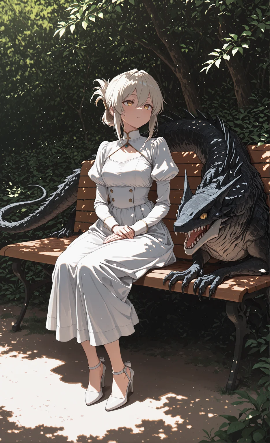 masterpiece, sharp detail, intricate detail, 1girl, folded ponytail, hair between eyes, juliet sleeves, puffy sleeves, white strappy heels, arm on lap, dappled sunlight, wide shot, full body <lora:illustriousXL_stabilizer_v1.23:0.7> ,<lora:re4lity:0.4> re4lity_sync_illu, <lora:S4bit4mago:0.3> S4bit4mago_illu,