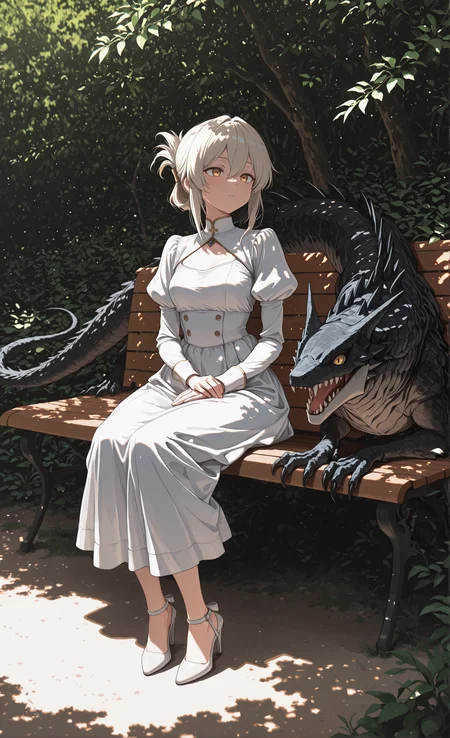 masterpiece, sharp detail, intricate detail, 1girl, folded ponytail, hair between eyes,  juliet sleeves, puffy sleeves, white strappy heels, arm on lap, dappled sunlight, wide shot, full body <lora:illustriousXL_stabilizer_v1.23:0.7> ,<lora:re4lity:0.4> re4lity_sync_illu, <lora:S4bit4mago:0.3> S4bit4mago_illu,