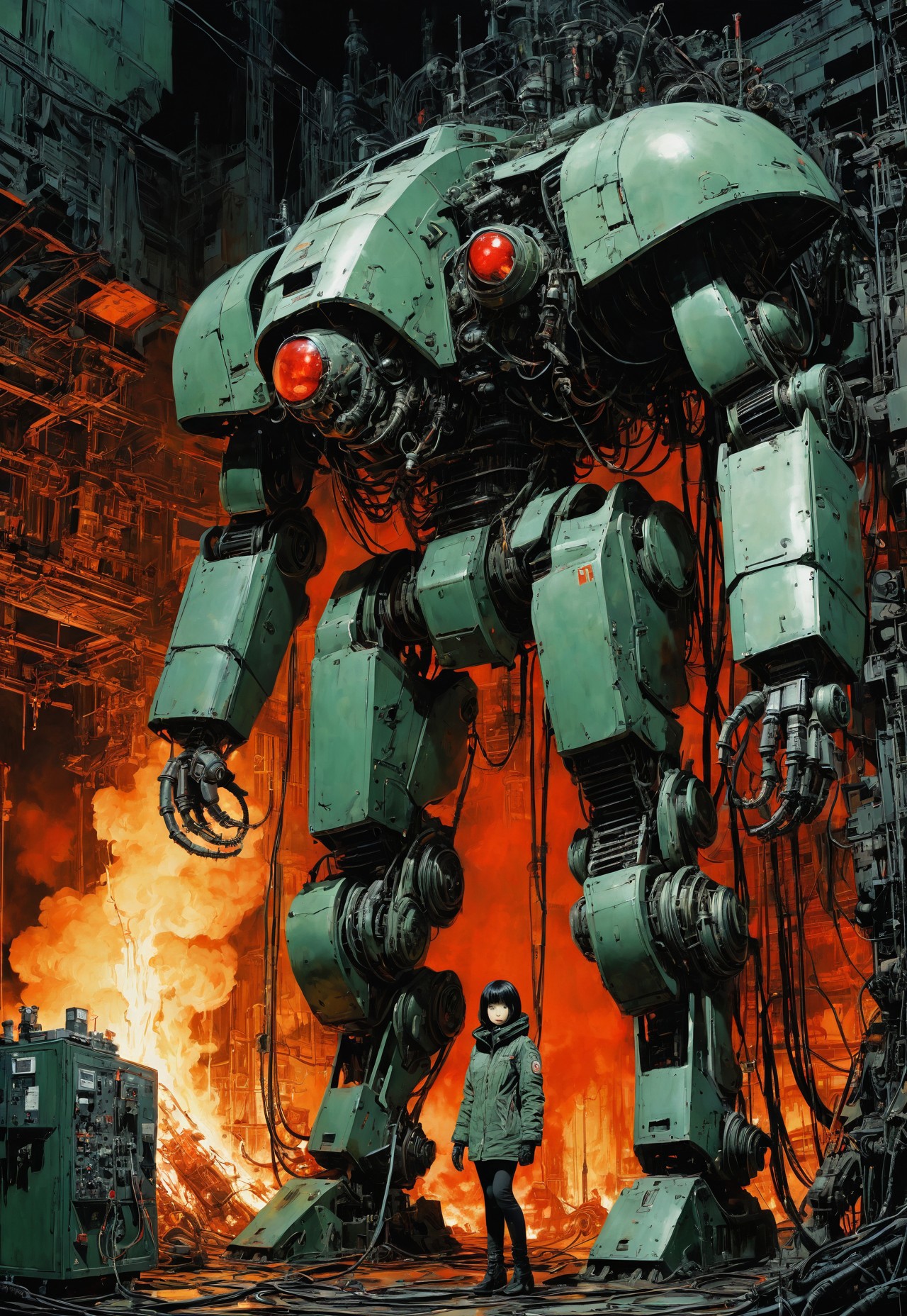 Blame! by Tsutomu Nihei death in darkness, reflective a oil green, liquid,  girl is climbing i a gigantic mech, a angry insect like mechanic with a mechanical brain and claws and pilot booth is standing while the background is burning, very smooth, red eyes, very mechanical,  buttons and machines in background, cables and tubes everywhere
easynegative, ng_deepnegative_v1_75t