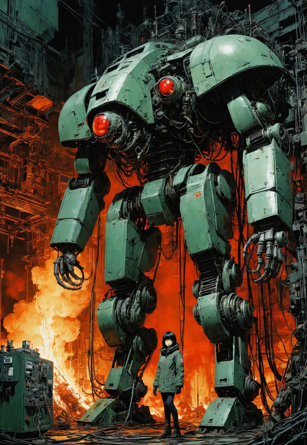 Blame! by Tsutomu Nihei death in darkness, reflective a oil green, liquid, girl is climbing i a gigantic mech, a angry insect like mechanic with a mechanical brain and claws and pilot booth is standing while the background is burning, very smooth, red eyes, very mechanical, buttons and machines in background, cables and tubes everywhere
easynegative, ng_deepnegative_v1_75t