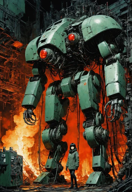 Blame! by Tsutomu Nihei death in darkness, reflective a oil green, liquid,  girl is climbing i a gigantic mech, a angry insect like mechanic with a mechanical brain and claws and pilot booth is standing while the background is burning, very smooth, red eyes, very mechanical,  buttons and machines in background, cables and tubes everywhere
easynegative, ng_deepnegative_v1_75t