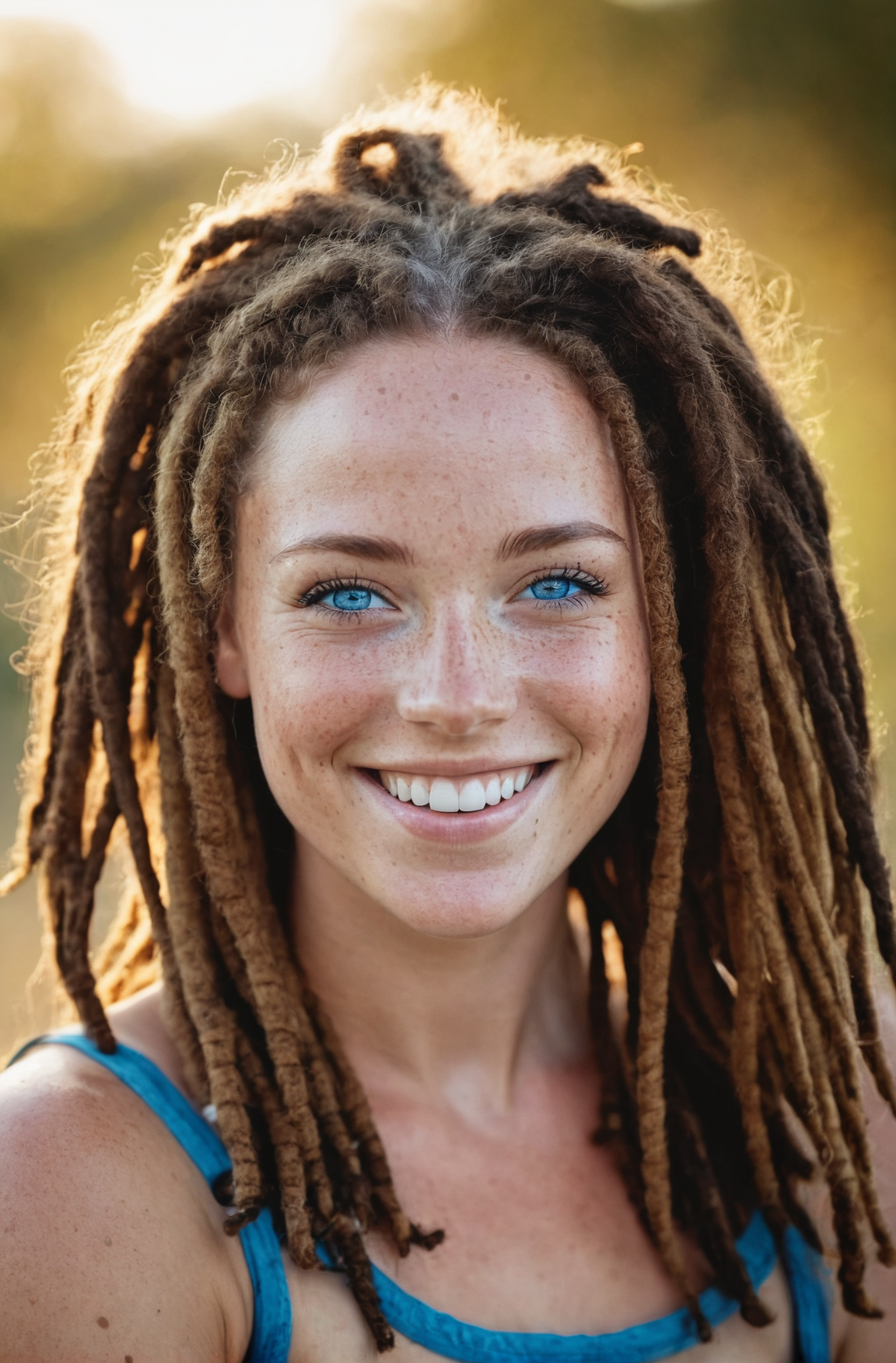 beautiful lady, (freckles), big smile, blue eyes, dreadlock hair, dark makeup, hyperdetailed photography, soft light, head and shoulders portrait, cover