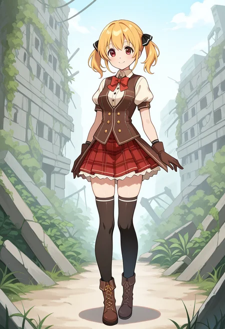 1girl, solo, lorelumilanru, blonde hair, short twintails, hair ribbon, red eyes, bowtie, collared shirt, puffy short sleeves, vest, buttons, medium breasts, plaid skirt, thighhighs, gloves, boots, outdoors, ruins, standing, smile, full body,