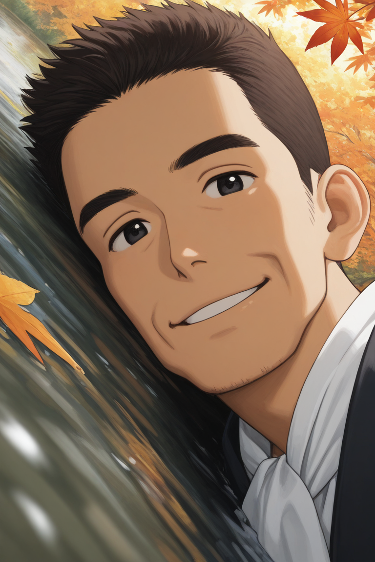 realistic shading, dappled sunlight, glistening, natural lighting, lying on side, male focus, looking at viewer, expressive face, smiling, minodaoi, black_minodaoi_short hair, black_minodaoi_eyes, old man, parted lips, 1boy, shiny skin, autumn clothes, ascot, autumn leaf, large autumn leaf, water, intimate-POV theme, close-up, dutch angle, dynamic angle, intricately detailed illustration, depth of field, masterpiece, best quality, amazing quality, very aesthetic, absurdres, newest, anime screencap