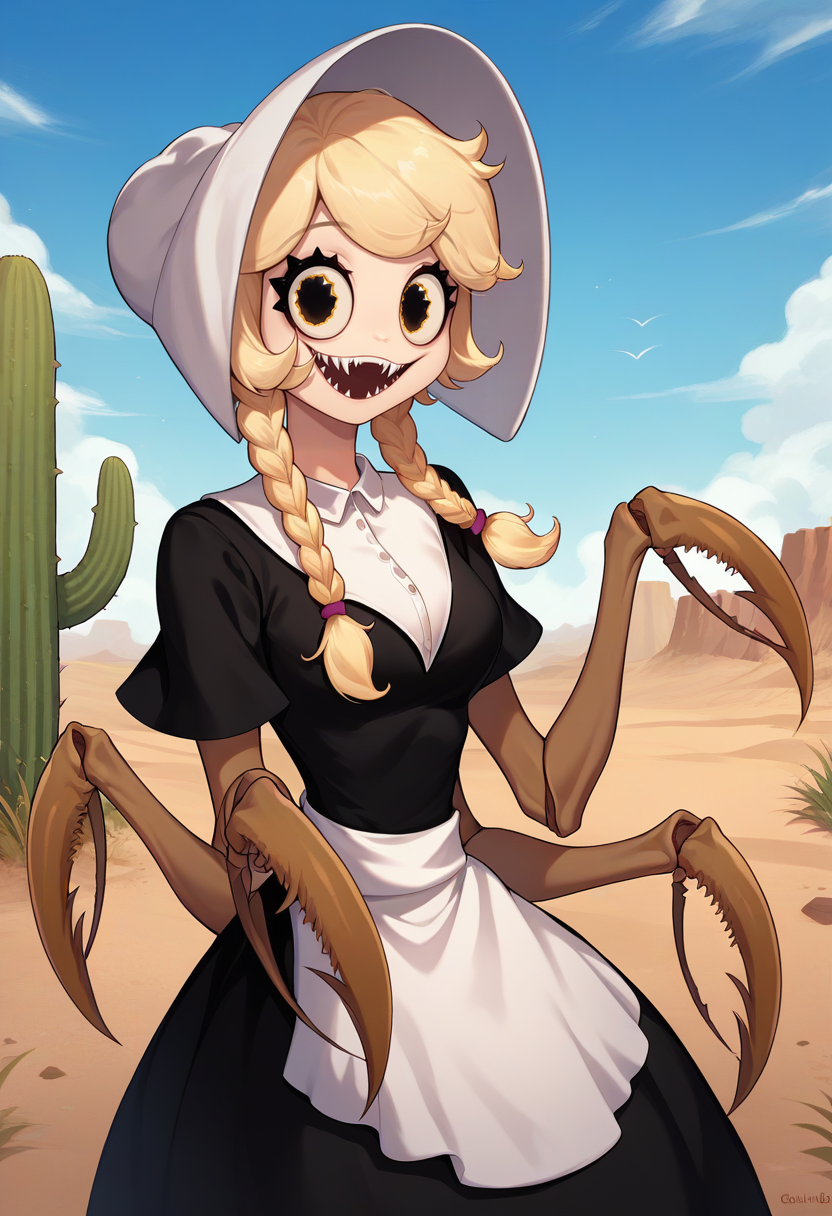 score_9, score_8_up, score_7_up, source_anime, solo, 1girl, cliffsidecordie, arthropod girl, spider girl, extra arms, sharp teeth, smile, looking at viewer, twin braids, bonnet, black dress, short sleeves, white apron, outdoors, wild west, desert, cactus <lora:cliffside_cordie_ponyXL:1>