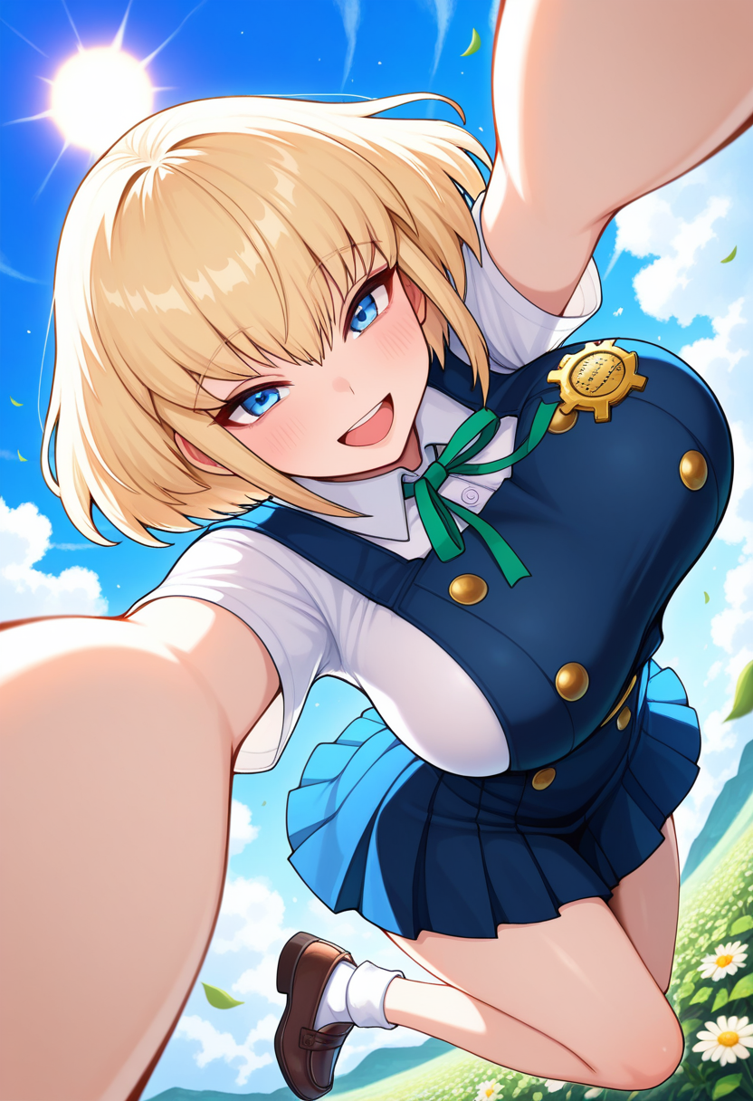 masterpiece, best quality, amazing quality, 1girl, solo, iseslaveww, blue eyes, blonde hair, short hair, bangs, huge breasts, school uniform, blue pinafore dress, sleeveless dress, pleated dress, double-breasted, buttons, shirt tucked in, collared shirt, white shirt, short sleeves, black, socks, bobby socks, loafers, mint ribbon, neck ribbon, school badge, <lora:Isekai_no_Onnatachi_Slave_ill:1>, flying, midair, dynamic pose, hugging pose, spread arms, reaching out, flying towards viewer, looking at viewer, smile, open mouth, excited, cheerful, perspective, foreshortening, motion blur, outdoors, day, sun, blue sky, cloud, flower, mediaeval, skindentation, detailed clothing folds, depth of field, sharp, high contrast, dynamic light