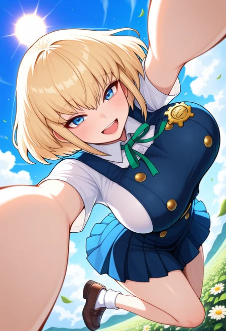 masterpiece, best quality, amazing quality, 1girl, solo, iseslaveww, blue eyes, blonde hair, short hair, bangs, huge breasts, school uniform, blue pinafore dress, sleeveless dress, pleated dress, double-breasted, buttons, shirt tucked in, collared shirt, white shirt, short sleeves, black, socks, bobby socks, loafers, mint ribbon, neck ribbon, school badge, <lora:Isekai_no_Onnatachi_Slave_ill:1>, flying, midair, dynamic pose, hugging pose, spread arms, reaching out, flying towards viewer, looking at viewer, smile, open mouth, excited, cheerful, perspective, foreshortening, motion blur, outdoors, day, sun, blue sky, cloud, flower, mediaeval, skindentation, detailed clothing folds, depth of field, sharp, high contrast, dynamic light