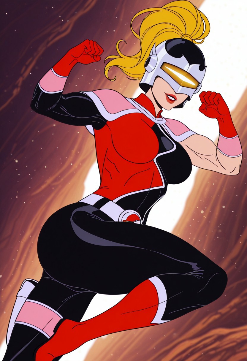 MandoraTC, 1girl, solo, blonde hair, long hair, ponytail, helmet, mask, yellow visor, lips, red lipstick, large breast, pink shoulder wrap, multicolored bodysuit, asymmetrical clothes, pink vambraces, red gloves, thick thighs, belt, red boots, tight bodysuit, shoulder pads, thigh holster,
,seductive pose, sexy pose, tease, 
masterpiece, best quality, fine details, intricate details, depth of field, subsurface scattering, bokeh,
 ultra-detailed, very aesthetic, detailed background, newest, scenery, highres, absurdres, colorful, vibrant, glowing, perfect face, 2d, perfect eyes,  vibrant saturated colors, volumetric lighting, sharp, detailed eyes, perfect anatomy,  perfect face, perfect eyes, mature body, clear eyes, beautiful eyes, athletic, curvy body, athletic girl, perky tits, perfect tits, round breasts, pinup pose, teasing, lustful expression, perfect hands, 
muscular female, dutch angle, 
kicking, flexible, action pose, 
,,Smooth Negative, Smooth_Quality,
silverhawksQuiron style