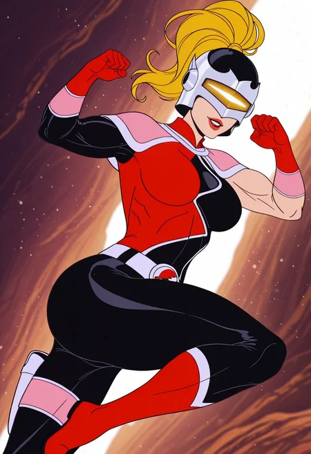 MandoraTC, 1girl, solo, blonde hair, long hair, ponytail, helmet, mask, yellow visor, lips, red lipstick, large breast, pink shoulder wrap, multicolored bodysuit, asymmetrical clothes, pink vambraces, red gloves, thick thighs, belt, red boots, tight bodysuit, shoulder pads, thigh holster,
,seductive pose, sexy pose, tease,
masterpiece, best quality, fine details, intricate details, depth of field, subsurface scattering, bokeh,
ultra-detailed, very aesthetic, detailed background, newest, scenery, highres, absurdres, colorful, vibrant, glowing, perfect face, 2d, perfect eyes, vibrant saturated colors, volumetric lighting, sharp, detailed eyes, perfect anatomy, perfect face, perfect eyes, mature body, clear eyes, beautiful eyes, athletic, curvy body, athletic girl, perky tits, perfect tits, round breasts, pinup pose, teasing, lustful expression, perfect hands,
muscular female, dutch angle,
kicking, flexible, action pose,
,,Smooth Negative, Smooth_Quality,
silverhawksQuiron style