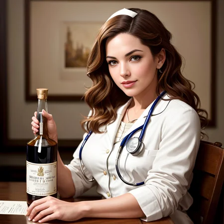full shot body photo of the kelly brook most beautiful artwork in the world featuring ww2 nurse holding a liquor bottle sitting on a desk nearby, smiling, freckles, white outfit, nostalgia, sexy, stethoscope, heart professional majestic oil painting by Ed Blinkey, Atey Ghailan, Studio Ghibli, by Jeremy Mann, Greg Manchess, Antonio Moro, trending on ArtStation, trending on CGSociety, Intricate, High Detail, Sharp focus, dramatic, photorealistic painting art by midjourney and greg rutkowski