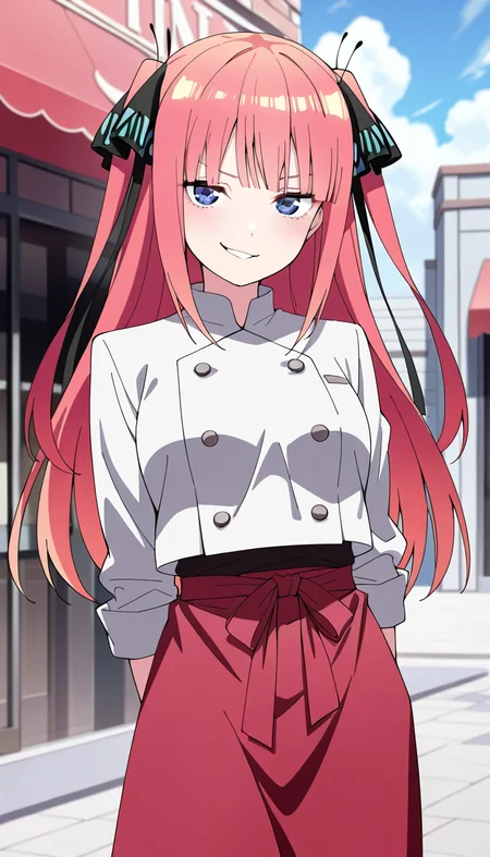 masterpiece, best quality, very aesthetic, absurdres,
solo, 1girl,

nino, long hair,bangs, blue eyes, hair ornament, hair ribbon, pink hair, blunt bangs, two side up, butterfly hair ornament,

smirk,

white jacket, chef jacket, red apron, waist apron,

outside,
