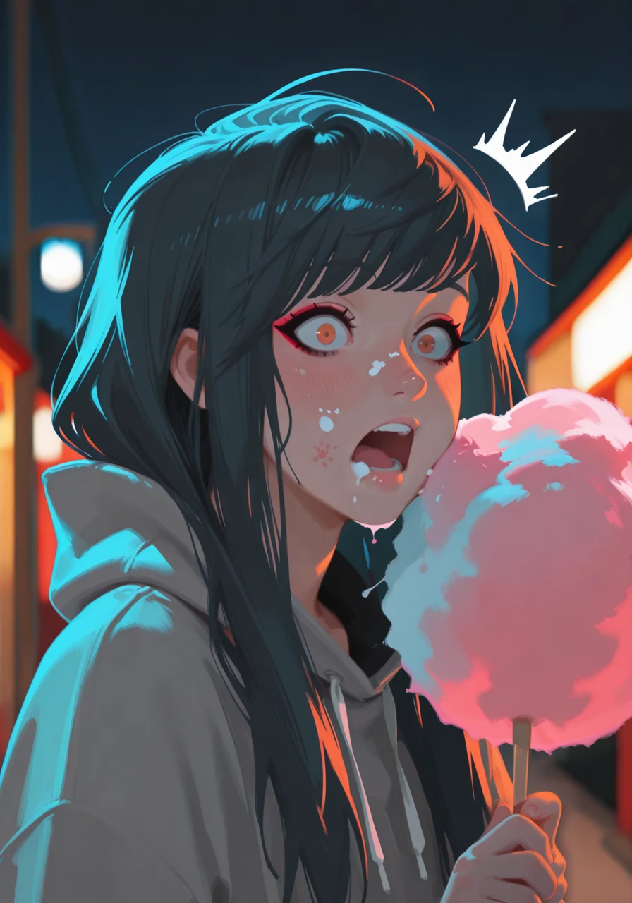 embedding:IllusP0s, g00se, angled bangs, long hair, eyeliner, eyelashes, baggie hoodie,holding cotton candy, ((cotton candy on face)) ((messy face)), (((surprised))), yelling 1girl, solo, night, embedding:IllustriousQual, embedding:Smooth Quality,<lora:scenequ33n_ill.safetensors:1.0:1.0> <lora:g00se_v2_ill.safetensors:0.9:0.9>