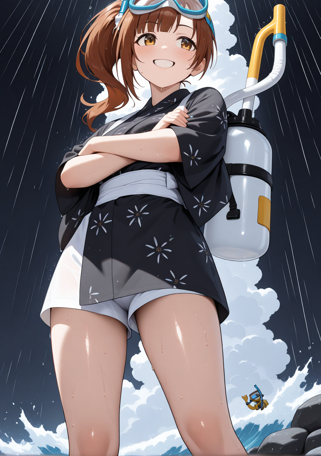 masterpiece, best quality, absurdres, perfect lighting,shiny skin,<lora:StS-Illustrious-Detail-Slider-v1.0:3>,<lora:illustrious_noobai_epsilon_pred_1_best_quality_v1:1>,1girl,igarashi kyoko,brown hair, side ponytail,brown eyes, <lora:igarashi_kyoko:1>,goggles,diving mask, bodysuit,snorkel,oxygen tank,white shorts,black kimono,japanese clothes,barefoot,white Hachimaki,<lora:amasan:0.8>,crossed arms, waves, rock,ocean,speed lines, grin,cowboy shot,from below,cloudy sky, wet,thunder, rain, black background,