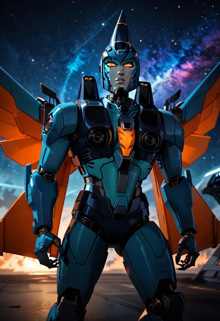 score_9_up, score_8_up, score_7_up,score_6_up, 1boy, orange colors, robot man, orange and red, conehead. (((cone-like helmet))), wings on legs, rating_safe, style_comics, robot, transformers, jet transformer with pointy helmet, action pose, gorgeous detailed eyes in the style of precisionism, ((wide focus)), cosmic background
