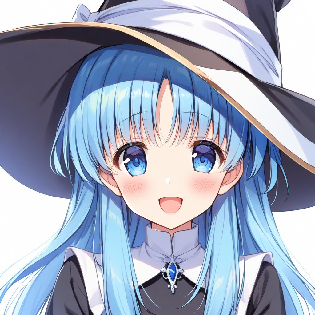 chtholly(sukasuka), 1girl, solo, blue hair, blue eyes, witch hat, hat, long hair, smile, bangs, blush, white background, open mouth, looking at viewer, :d, black headwear, upper body <lora:XL-Chtholly:1>