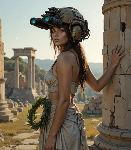 detailed digital illustration upper body shot of young woman wearing on head n0ds dual-tube panoramic optical device two cylindrical blue lenses attached to the front of the helmet with integrated hearing protection , A woman in a traditional Greek toga, standing in the ruins of an ancient temple. She wears a modern military helmet with a bronze finish, the surface weathered and worn. The helmet is fitted with two night vision gogglesâlong black tubes with glowing green lensesâthat sit above her eyeline, ready to be flipped down. The helmetâs communication device is seamlessly integrated, with small, discreet wires running along the sides. She stands with one hand resting on a crumbling column, the other holding a laurel wreath. The ruins stretch out behind her, the ancient stones bathed in the golden light of the setting sun. The green glow from the goggles adds a futuristic element to the ancient scene, creating a visual paradox that highlights the merging of past and present. The silence of the ruins is broken only by the distant sound of the wind, creating a sense of timelessness that hangs in the air.<lora:n0ds_epoch_23.safetensors:1.0:1.0>