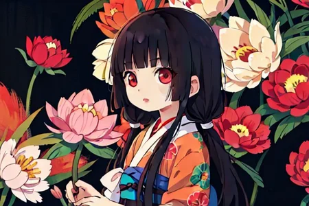 enma ai, hair down, hair black, bangs, eyes red, masterpiece, best quality, ultra-detailed, illustration, 1girl, solo, highres, photorealistic, ultra high res, (Original illustration composition), (fusion of limited color,Maximalism artstyle, kimono obi fashion, double exposure, background, illustration, Amazing, lily spider, night darkness, open one's mouth, finger, bouquet flowers red, low twintails, (polychromatic peony:1.15), Movie poster,