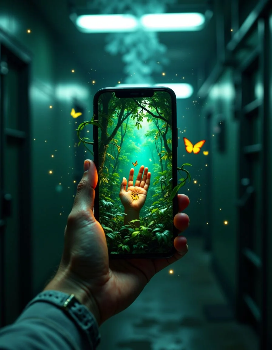 POV image of a man holding a phone with one hand and putting the other hand inside the phone, inside a very dark prison cell. the phone displays a lush jungle filled with vivid and colorful plants and trees, illuminating mystical light. vines and leaves come out of the phone and tangles with the man's hand, making the image magical and whimsical. fireflies surround the phone. a colorful butterfly landed on the man's hand inside the phone. the phone looks like a portal into the jungle. the room is empty and gloomy dark. <lora:PCB_Image_Enhancer_for_FLUX:0.7>