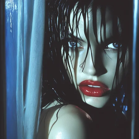 ArsMovieStill, movie still from a gritty, high-contrast 2000s crime thriller movie, The image shows a woman with wet hair and red lipstick looking out a window with a curtain on the left side., 1girl, solo, black hair, lips, realistic, blue eyes, looking at viewer, portrait, lipstick, red lips