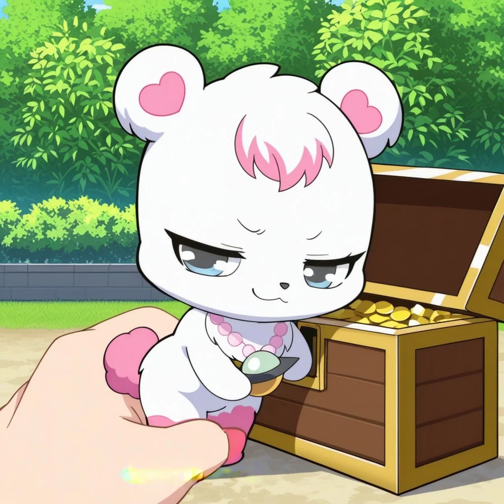 score_9, score_8_up, score_7_up, score_6_up, score_5_up,
best quality, masterpiece, smirks, Full Body, Romantic, Small Body, Furry, looking_pleasured, labrajp, chibi, feral, multicolored hair, pink tail, tufted fur, furry, one pink leg, necklace, bear, garden, locked treasure chest, hard to open, attempt to open the chest, large hammer, anger, >:E,