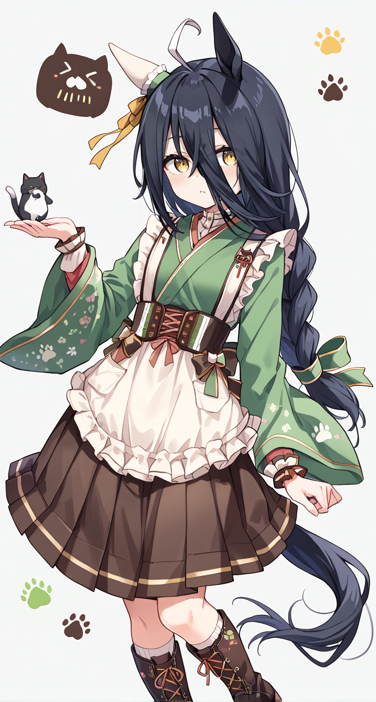 score_9,score_8_up,score_7_up,
official art,official style,game cg,megami magazine,
1girl,
mht verdant night,manhattan cafe (umamusume),manhattan cafe (verdant night) (umamusume),
ahoge,animal ears,black hair,blush,boots,corset,cross-laced footwear,
ear covers,green kimono,highres,horse ears,horse girl,japanese clothes,kimono,
lace-up boots,long bangs,long hair,long sleeves,maid,official alternate costume,official alternate hairstyle,
single ear cover,wa maid,yellow eyes,apron,hair between eyes,multicolored hair,
shirt,waist apron,white shirt,wide sleeves,horse tail,tail,brown skirt,pleated skirt,skirt,
bow,braid,braided ponytail,ear ribbon,green bow,grey background,hair bow,ribbon,
yellow ribbon,frilled apron,frills,brown corset,frilled kimono,paw print,eyelashes,low-tied long hair,
single braid,green ribbon,hair ribbon,
standing,
<lora:umamusume_manhattan_cafe_verdant_night_pony_v1:1>,