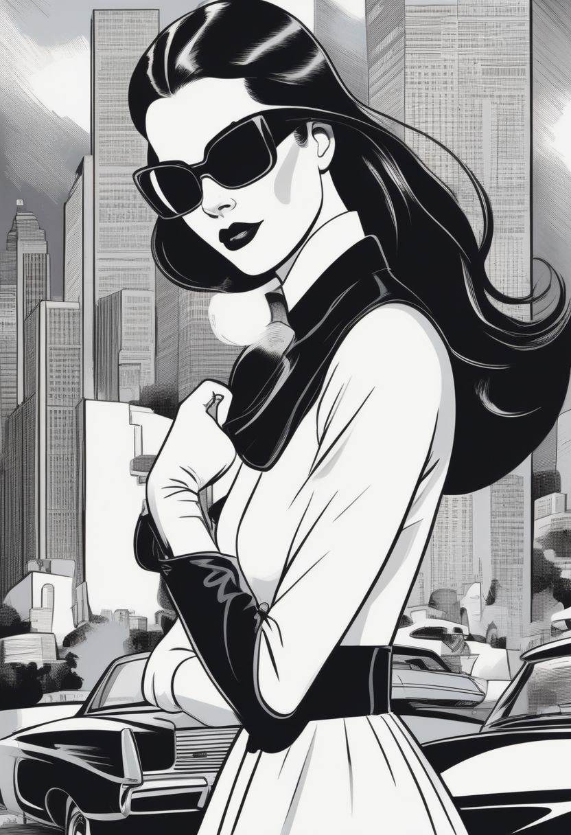 (masterpiece), high quality, 4k, Artist style: Bruce Timm, DCAU, DC comics, Western Comics,
BREAK, 1woman, Calendar Girl, (Page Monroe), long hair, black hair, skintight clothing, long-sleeved dress, black dress, black tights, petite, (white mask), (mask:1.6), (monochromatic outfit), gloves, (black eyes:1.5), (no eyes:1.4)