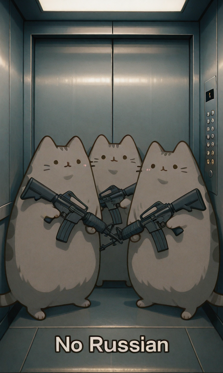 embedding:IllusP0s, no russian, elevator, holding weapon, assault rifle, no humans, pusheen<lora:no russian_illustrious.safetensors:1.0:1.0> <lora:PusheenIXL.safetensors:0.7:0.7>