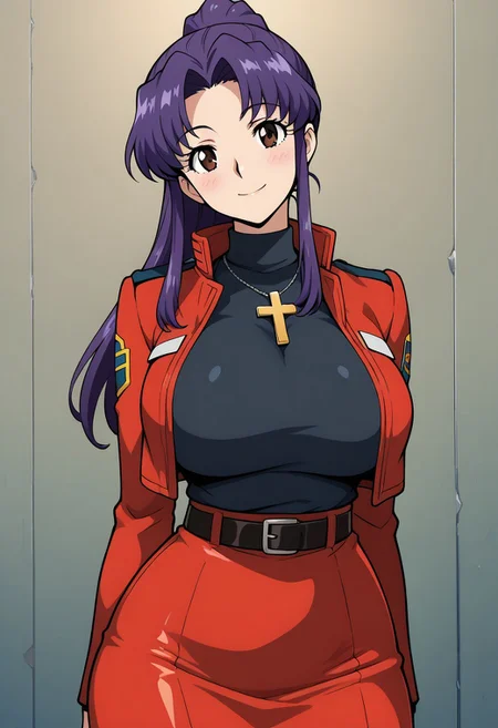 best quality,masterpiece, big breasts, (curvy), cute, eyelashes,
patMisato, purple hair, misato katsuragi, long hair, brown eyes, parted bangs, ponytail, sidelocks, skirt, jewelry, jacket, belt, necklace, uniform, cross, red jacket, cross necklace, red skirt, black shirt, turtleneck, cropped jacket, pencil skirt,
smile, looking at viewer, head tilt, blush, ,