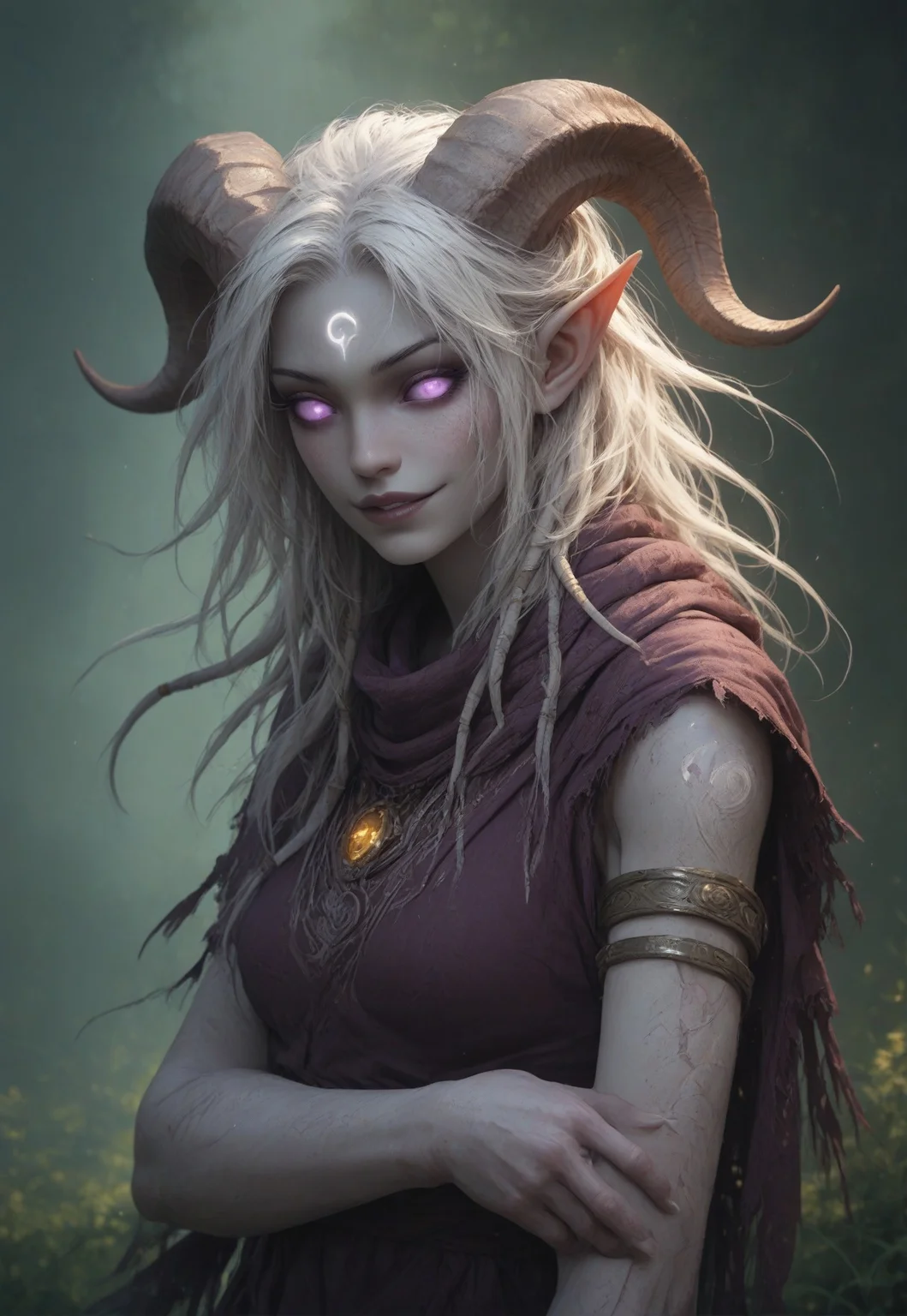 masterpiece, score_9, score_8_up, score_7_up, score_6_up, world of warcraft, fantasy, <lora:add-detail-xl:1.5>,
fFaceDetail, (female, draenei, h0rns, ram horns, white horns, tall, athletic arms, pale white skin, long white hair, purple eyes, no pupil, no sclera, long white tail, long fingers),
upper body, front view, soft smile,
(long loose purple dress, purple silk scarf, tail under dress, simple armlet, small yellow gem pendant),
depth of field, outdoor, wheat fields