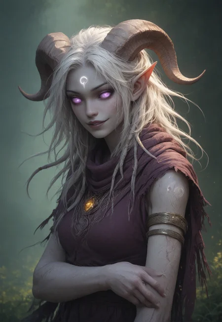 masterpiece, score_9, score_8_up, score_7_up, score_6_up, world of warcraft, fantasy, <lora:add-detail-xl:1.5>, 
fFaceDetail, (female, draenei, h0rns, ram horns, white horns, tall, athletic arms, pale white skin, long white hair, purple eyes, no pupil, no sclera, long white tail, long fingers), 
upper body, front view, soft smile, 
(long loose purple dress, purple silk scarf, tail under dress, simple armlet, small yellow gem pendant), 
depth of field, outdoor, wheat fields