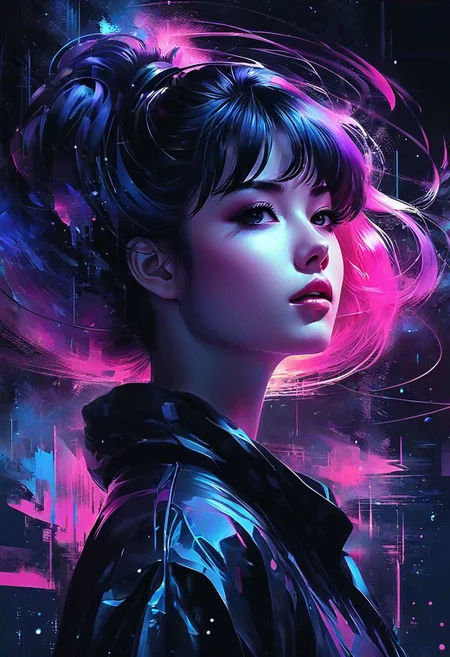 brutal dark monochrome color scheme, dark or moody setting, sense of depth and intrigue, digital brush strokes, computer graphics graphic illustration,
Render a holographic representation of a person's digital self, using a neon color palette of pinks, purples and blues
Art by Agnes Cecile, artgerm, art by Ayami Kojima, Hiroaki, aesthetics by Marika Kono, Toru Asakura. manga+style. Studio Ghibli Genshin Impact,Movie Poster,MoviePosterAF