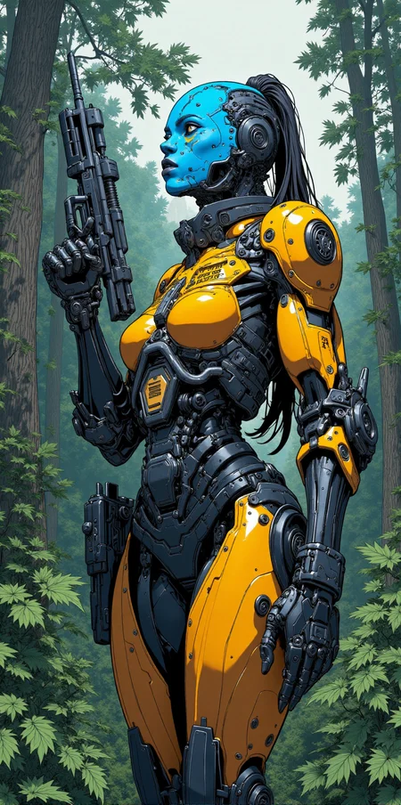 extremally detailed and hyper-realistic cyberpunk ilustration of close up of beautiful bluebot cyborg girl, hiding in jungle during brutal total war with her heavy gun in hands. orange and black robotic body suit. sci fi theme, best quality, soft light, sharp shadows, anime ink lines<lora:BLUE_mk4_angel_FLUX_03:1.2> <lora:CPA:1>