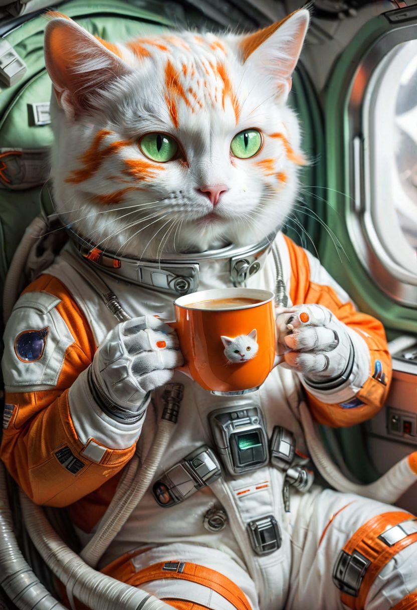photo-realistic,
higly-detailed,
cat wearing a futuristic space suit,
serious expresssion
a orange and white kitty sipping a mug of hot coffee holding it with it's two front paws,
tipping the mug to drink it,
light green eyes,