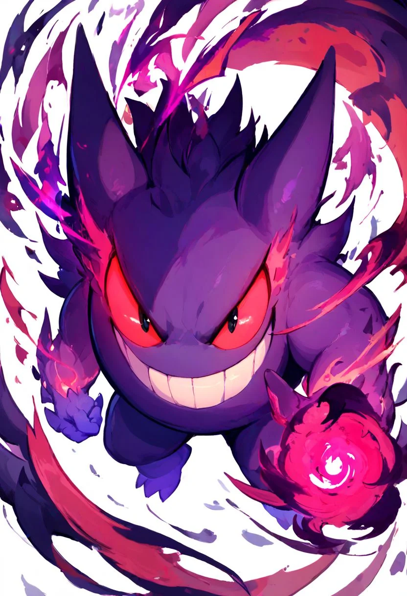 score_9, score_8_up, score_8,
gengar, solo, no humans, red sclera, v-shaped eyebrows, black eyes, evil smile,
floating, looking at viewer, white background,
Aura, energy, glowing, swirling energy, dynamic pose,
