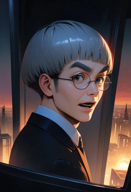 man with bristle, (graphic novel style, dark novel style:1.5),(anime), (masterpiece:1.4), (soft cinematic light:1.1), incredibly lifelike, Extremely high-resolution details, 8k, best quality,extremely detailed, contrast,
high tech design, fullbody, 
 gallery of contemporary art, inside, portrait old woman against the backdrop of a giant floor-to-ceiling window, through which one can see a city landscape with skyscrapers and a sunset , open mouth, 
man in a classic black suit 
white shirt and black tie keeps his hand on his jacket, black loafers, (((gray short bob hair))), round glasses, round black eyes, thin lips, sharp chin, diamond long face, gray sideburns, small ears, thick gray eyebrows, sunken cheeks, (bristle)),